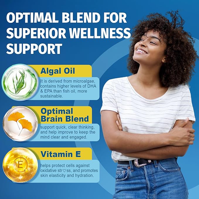Fish Oil Alternative 1200mg, Omega-3 Supplement for Women Men, Vegan Algae Oil Science Backed 2:1 Ratio DHA 720mg EPA 360mg, Plant Based Omega-3 Softgels for Brain Eye Immunity, No Fish Taste, 120Cts