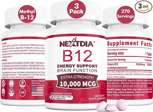 B12 Vitamins 10,000 mcg, Methylated Vitamin B12 Sublingual - Energy Boost, Focus, Metabolism & Brain Health Support, Immune System Support, Fast Dissolve, Natural Strawberry Flavor, 270 Servings