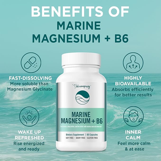 Ocean Magnesium 200mg Aquamin | More Soluble Than Magnesium Glycinate | Whole Food Mag B6 Supplement for Women | Gentle on Stomach & Vegan | Sleep Support, Calms Nerves & Leg Cramps | 60 Ct