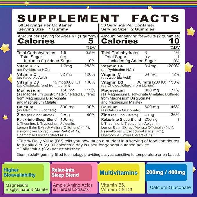 Neviss Magnesium Glycinate + Calcium Filled Gummies for Adults and Kids 4+, Kids Sleep Gummies Melatonin Free, Sugar Free Magnesium Supplement with B6 D3, L-Theanine for Zzz & Relax, Brain,Bone,Muscle