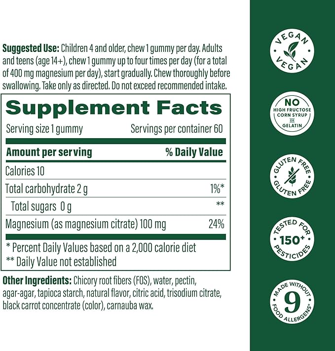 MegaFood Magnesium Citrate Gummies, High Absorption Magnesium Supplement for Adults, Teens & Kids, Supports Nerve Health, Normal Sleep Cycle & Occasional Muscle Cramps, 60 Vegan Gummies, 60 Servings