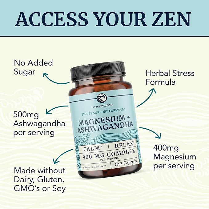 Magnesium Ashwagandha | Calming Magnesium Supplement for Adults | Relax, Rest, Calm Mood & Sleep Support | Mag Citrate & Oxide 400 mg + Ashwagandha 500 mg | Muscle Health & Stress Relief | 120 Ct