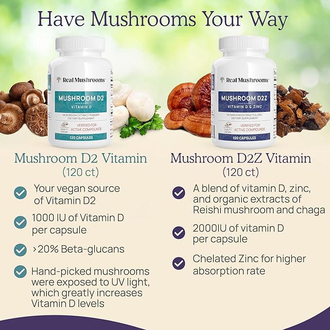 Real Mushrooms Zinc Supplements for Adults 120ct Vitamin D2 Immune Support with Chaga Reishi - Vegan, Gluten-Free, Non-GMO Vitamins Mushroom Capsules