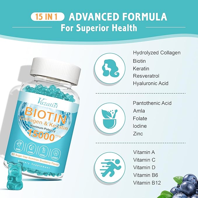 Biotin Gummies for Hair Growth, Hair Skin and Nails Gummies for Women, Collagen Gummies with Vitamin C Zinc for Men - Blueberry Flavor, 60 Gummies