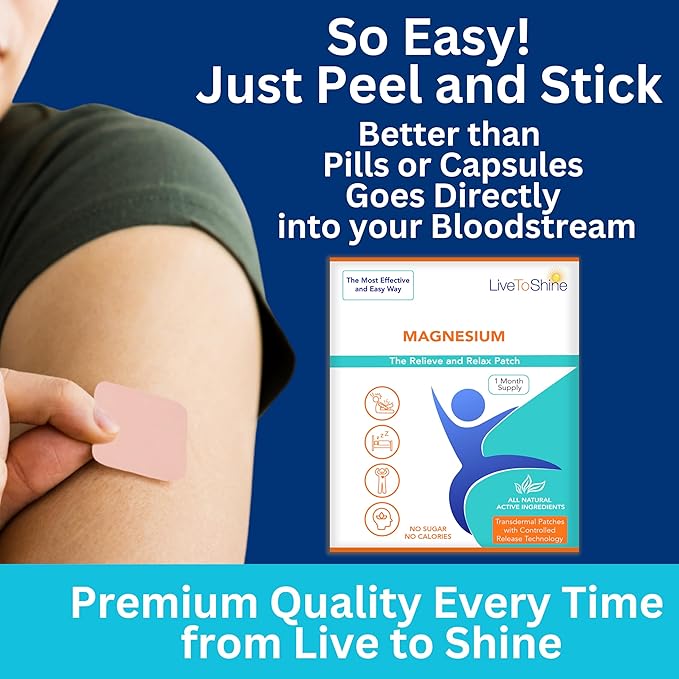 Magnesium Patches for Men and Women - Sleep Support & Relaxation, Muscle Recovery, Nerve Function - USA Made - 30 Premium Fast-Acting, Slow-Release Patches - Live To Shine