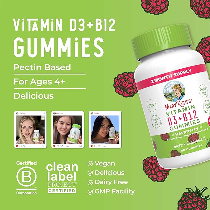 MaryRuth Organics Sugar Free | 2 Month Supply | Vitamin D & B12 Vitamin Supplements for Adults & Kids | Bone Health | Immune Support | Vegan | Non-GMO | 60 Servings