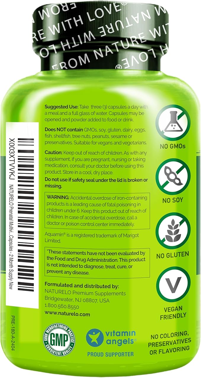 NATURELO Prenatal Multivitamin with Gentle Chelated Iron, Methyl Folate, Plant Calcium & Choline - Vegan, Vegetarian - Non-GMO - Gluten Free - 360 Capsules - 4 Month Supply