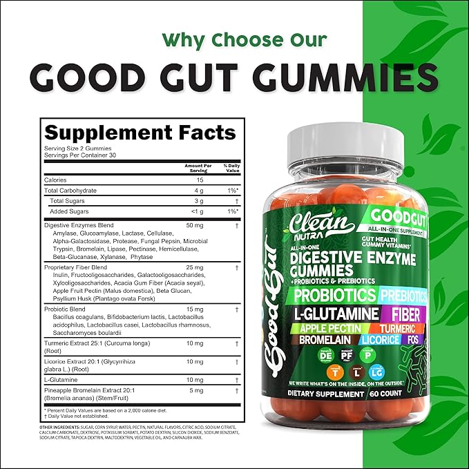 Clean Nutraceuticals Digestive Enzymes with Probiotics & Prebiotics for Digestive Health Gummies & L-Glutamine for Gut Health Bromelain Apple Pectin Inulin FOS Plant Based Vegan Gummy Vitamins