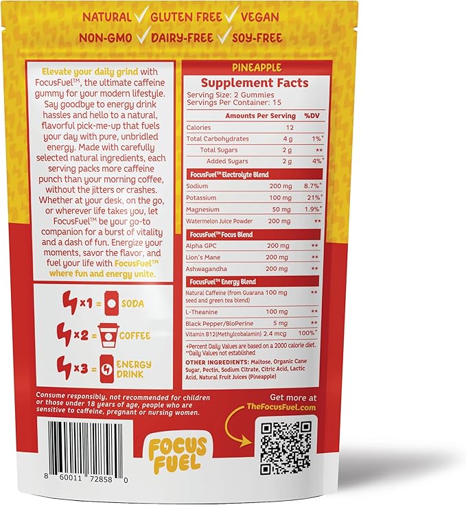Energy Chews – Pineapple Flavor (15 Servings) – 100mg Caffeine + Alpha GPC + L-Theanine + B12, Magnesium – Tropical Energy Boost – No Crash or Jitters