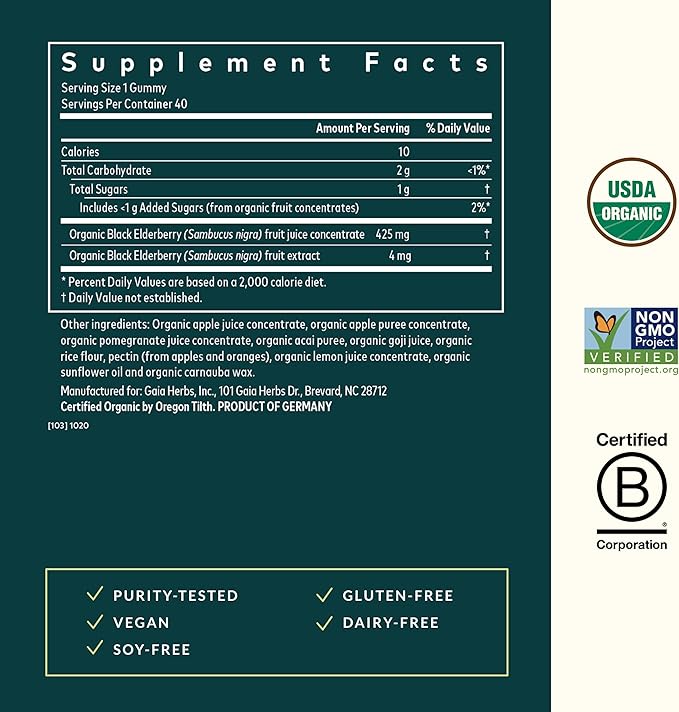 Gaia Herbs GaiaKids Black Elderberry Daily Gummies for Kids - Delicious Immune Support Supplement - Certified Organic Black Elderberries for Immune System Support - 40 Gummies (40-Day Supply)