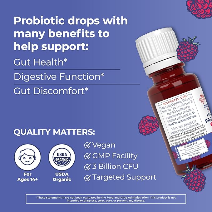 MaryRuth Organics Precision Probiotic Drops for Teens (Raspberry) & Ashwagandha Drops | USDA Organic | Vitamins for Gut Health, Relaxation, & Overall Wellness | Vegan, Non-GMO, Gluten Free