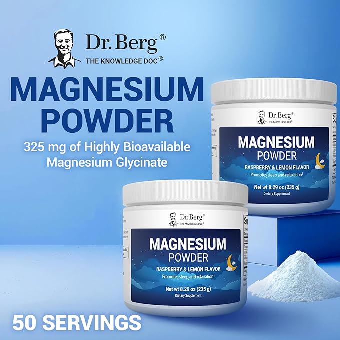 Dr. Berg Magnesium Glycinate Powder for Sleep, Relaxation, & Stress Relief - Raspberry & Lemon Flavor (50 Servings) Magnesium Powder - Ideal for Bedtime Support & Calming