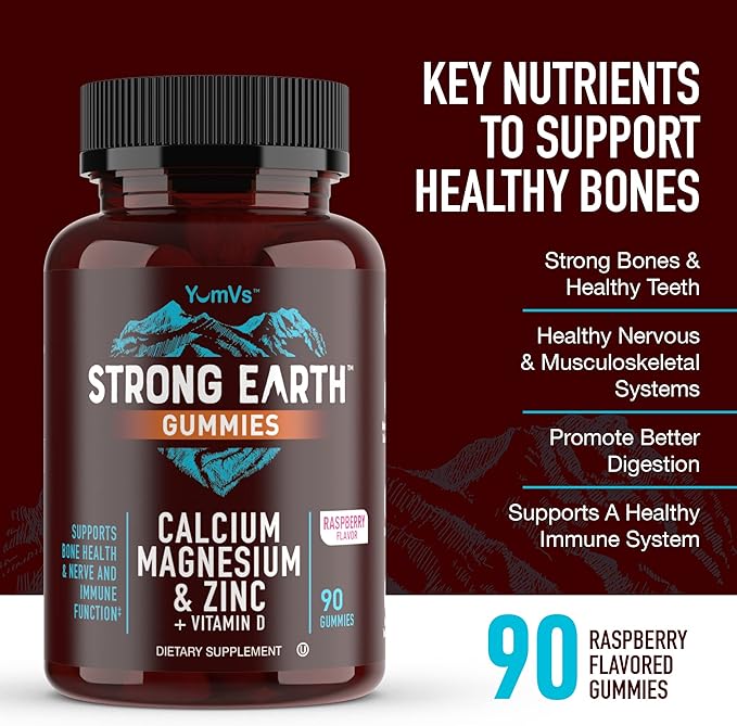 YUM-V'S Strong Earth Calcium, Magnesium, Zinc and Vitamin D Gummies (90 Count) Calcium Gummies with Vitamin D3 + Zinc & Magnesium Supplements, Delicious Bone Health Gummy Supplements