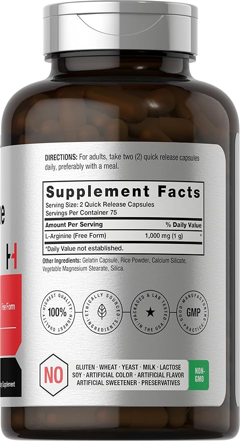 Horbäach L Arginine 1000mg Capsules | 150 Powder Pills | Free Form | Non-GMO & Gluten Free Supplement