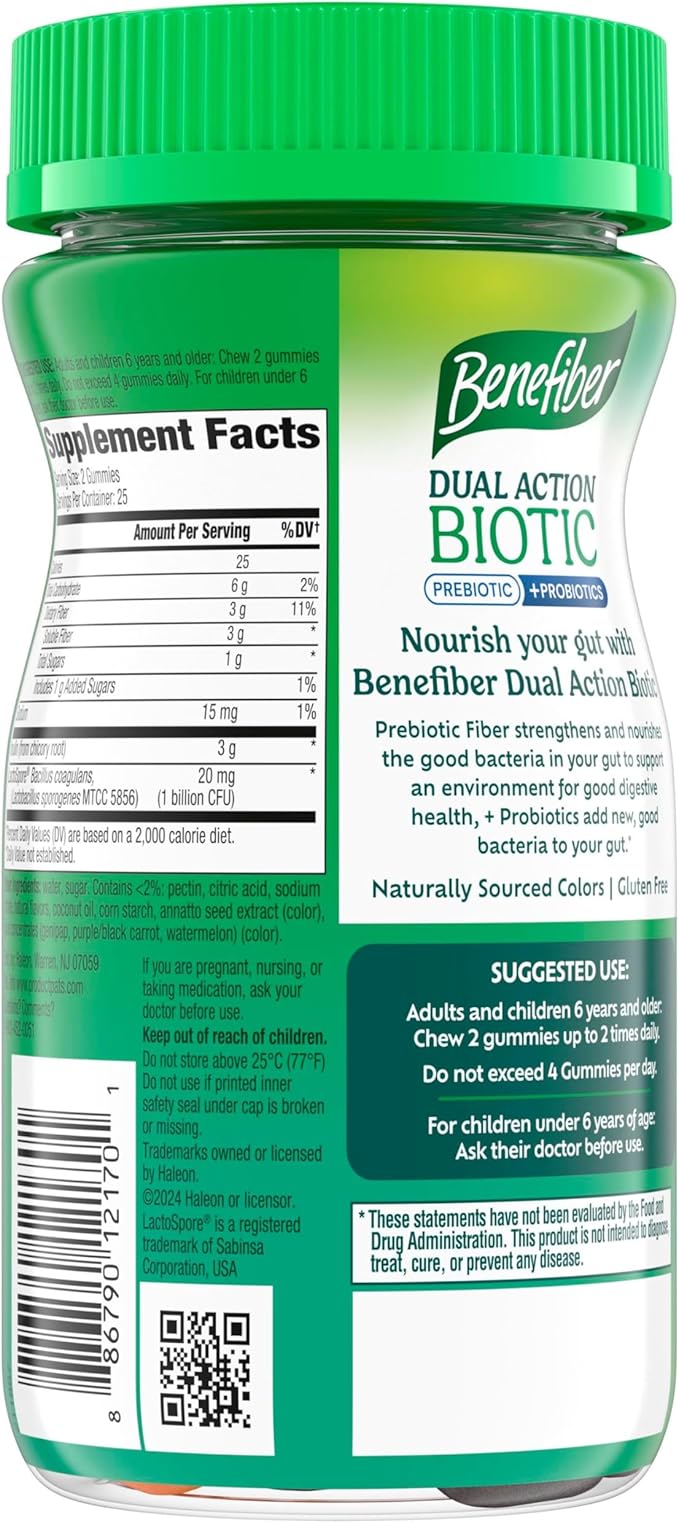 Benefiber Prebiotic Fiber Supplement Gummies with Probiotics for Digestive Health, Assorted Fruit Flavors - 50 Count