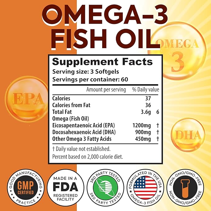 Omega 3 Fish Oil 3750mg Triple Strength | EPA 1200mg + DHA 900mg Fatty Acids | Fish Oil Omega 3 Supplement | Promotes Healthy Heart, Immune System, Eyes, Skin & Brain Function | 180 Burpless Softgels