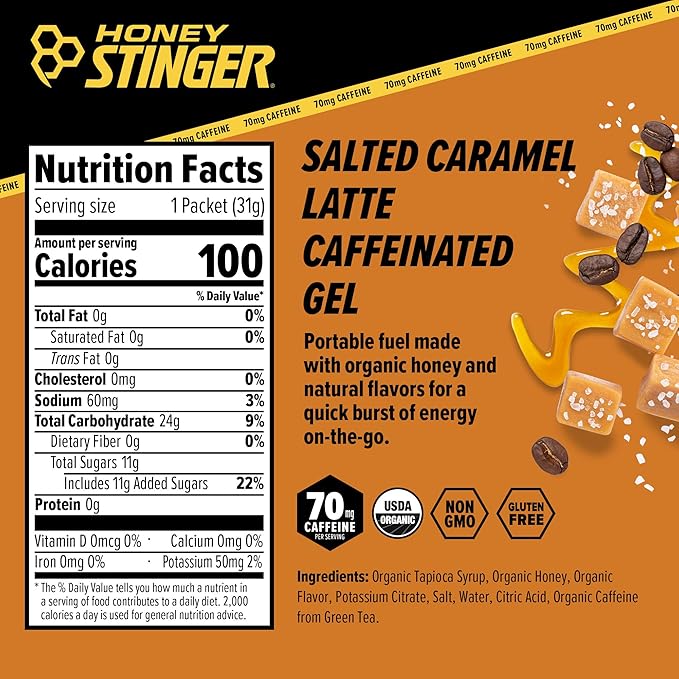 Honey Stinger Organic Salted Caramel Energy Gel | Caffeinated & Gluten Free | for Exercise, Running and Performance | Sports Nutrition for Home & Gym, Pre and Mid Workout | 12 Pack, 13.2 Ounce