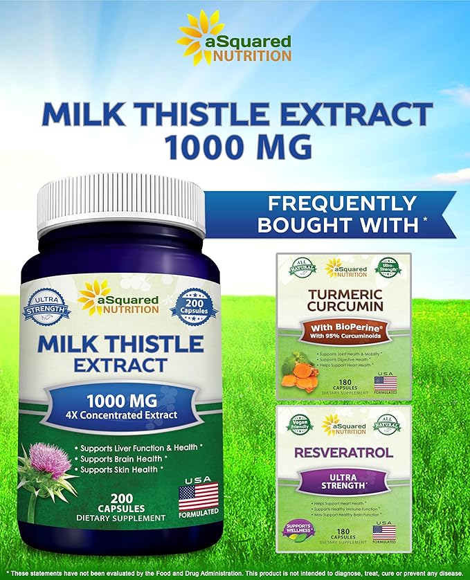 aSquared Nutrition Milk Thistle Supplement 1000mg-200 Capsules,Max Strength 4X Concentrated Extract 4:1 Milk Thistle Seed Powder Herb Pills, 1000 mg Silymarin Extract for Liver Support, Cleanse, Detox