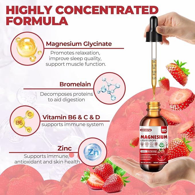 Magnesium Glycinate Liquid 2 Pack - 1500mg Maximized Absorption Magnesium Complex Supplement to Support Stress Relief, Night, Heart Health Nerves and Muscles - Strawberry Flavor