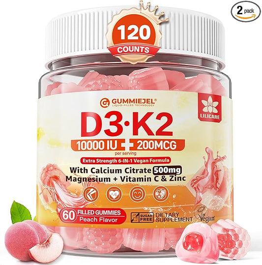 Vitamin D3 K2 Filled Gummies 5000IU / 10,000 IU with 500mg Calcium + K2(MK-7) 200mcg, Magnesium, Vitamin C & Zinc, Extra Strength - Ultimate Absorbency for Bones Muscles Teeth, Vegan -- Pack of 2