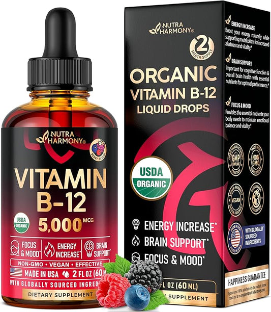 USDA Organic Vitamin B12 Sublingual Drops - 5000 mcg Liquid Vegan Methylcobalamin for Women & Men - Energy Boost, Focus & Mood, Brain Health Support - Maximize Absorption - 2 Month Supply, 2 fl oz
