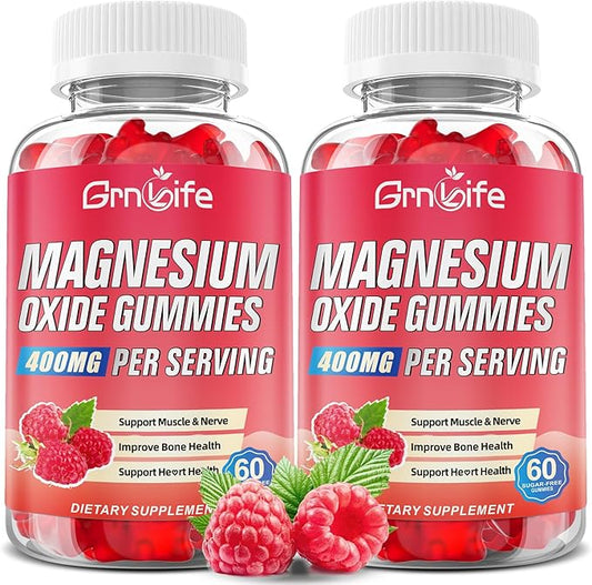 2 Pack Magnesium Oxide Gummies 400mg, Chewable Magnesium Oxide Supplement for Adults & Kids, Nerve & Muscle Support, Vegan, Raspberry Flavor, 120 Count