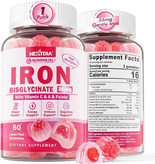 Vegan Iron Supplement for Women 26mg, Iron Gummies w/Vitamin C, Beetroot, Folate, B12, Zinc, for Iron Deficiency, Energy Boost, Non-Constipating, No After Taste, Strawberry Flavor, Sugar-Free 60Cts