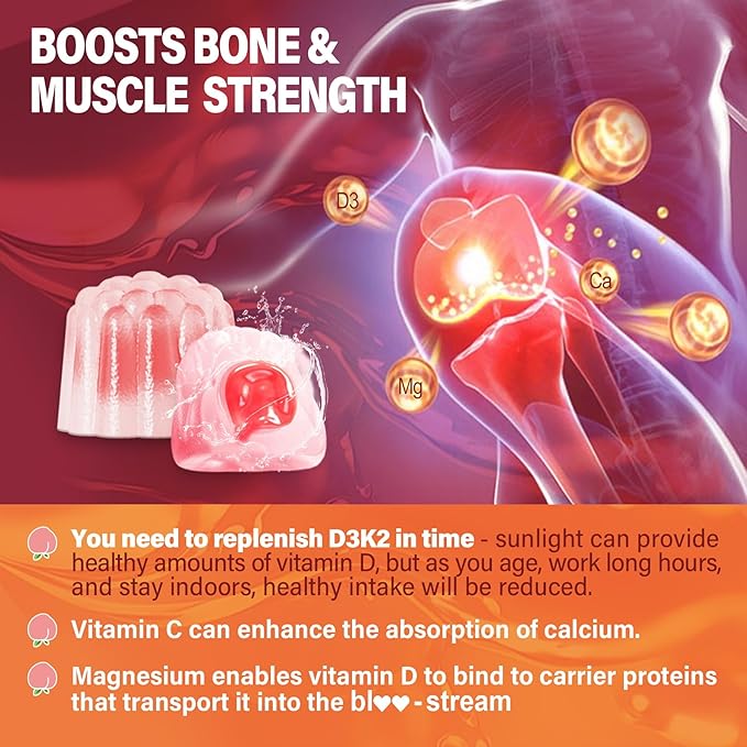 Vitamin D3 K2 Gummies 5000IU / 10,000 IU with 500mg Calcium + K2(MK-7) 200mcg, Magnesium, Vitamin C & Zinc, Extra Strength - Ultimate Absorbency for Bones, Muscles, Teeth, Vegan, 60 Count (Pack of 1)