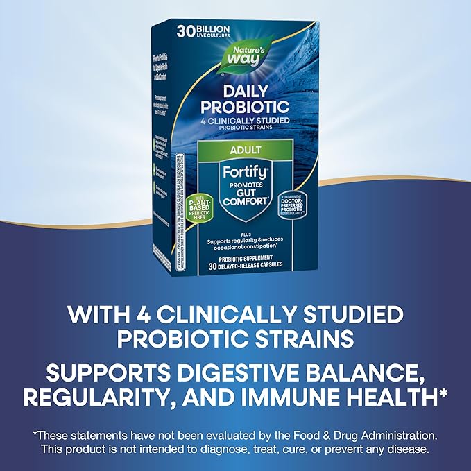 Nature's Way Fortify Daily Probiotic + Prebiotic for Men and Women, 30 Billion Live Cultures, Digestive and Immune Health Support* Supplement, 30 Capsules (Packaging May Vary)