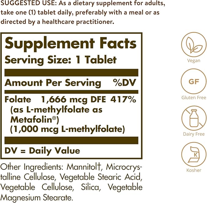 Solgar Folate 1000 mcg, 120 Tablets - 1000 mcg Bio-active Metafolin - Heart Health - Vegan, Gluten Free, Dairy Free, Kosher - 120 Servings