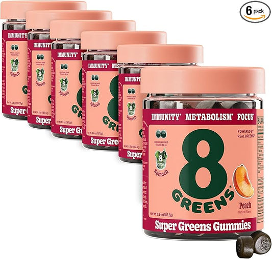 8Greens Supergreens Gummies | Super Greens Powder Superfood Gummy for Metabolism, Immunity & Focus, Digestive Health Enzymes, Organic: Chlorella, Spirulina, Aloe Vera, Peach Flavor, 300 Count