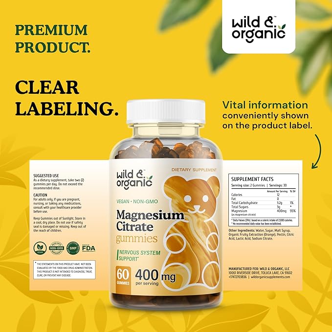 Wild & Organic Magnesium Citrate Gummies 400 mg - Relaxing Chewables for Calm and Mood - Calming Magnesium Citrate Supplement - 60 Vegan, Non-GMO Powder Based Chews
