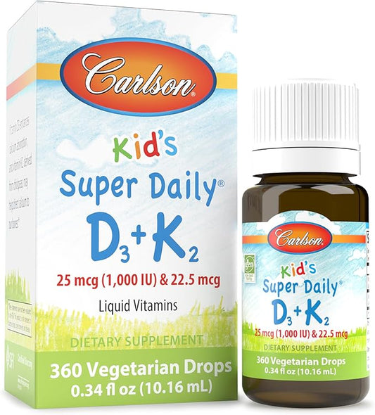 Carlson - Kid's Super Daily D3+K2, 25 mcg (1,000 IU) D3 & 22.5 mcg K2, Vitamin D Drops with Vitamin K2, Liquid Vitamins, 1000 IU Vitamin D3, Heart & Bone Health, 1-Year Supply, Unflavored, 360 Drops