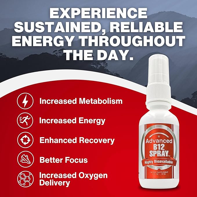 Vitamin B12 Energy Spray, Methylcobalamin with Folic Acid Sublingual Liquid Complex for Focus, & Metabolism, Nano Technology Instant Absorption and Custom Dosage (4 oz - 120 Servings)