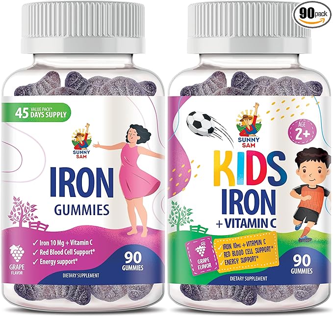 SUNNY SAM Iron Gummies for Kids & Adults - Iron Vitamins with Vitamin C, 10mg per Serving - Iron Chewable Fruit Gummy for Immune Support Red Blood Cell Production
