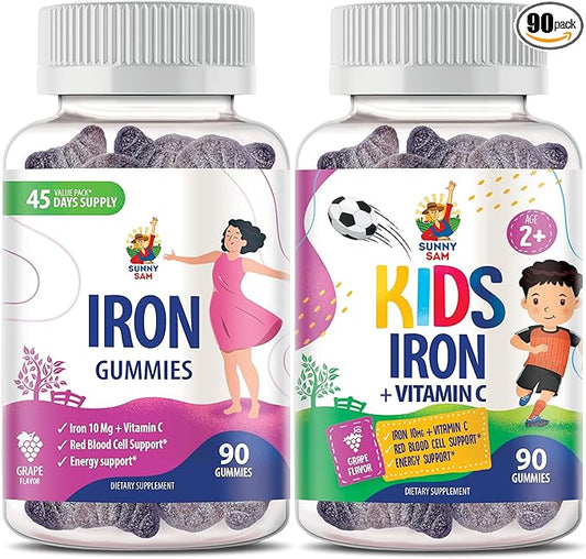 SUNNY SAM Iron Gummies for Kids & Adults - Iron Vitamins with Vitamin C, 10mg per Serving - Iron Chewable Fruit Gummy for Immune Support Red Blood Cell Production