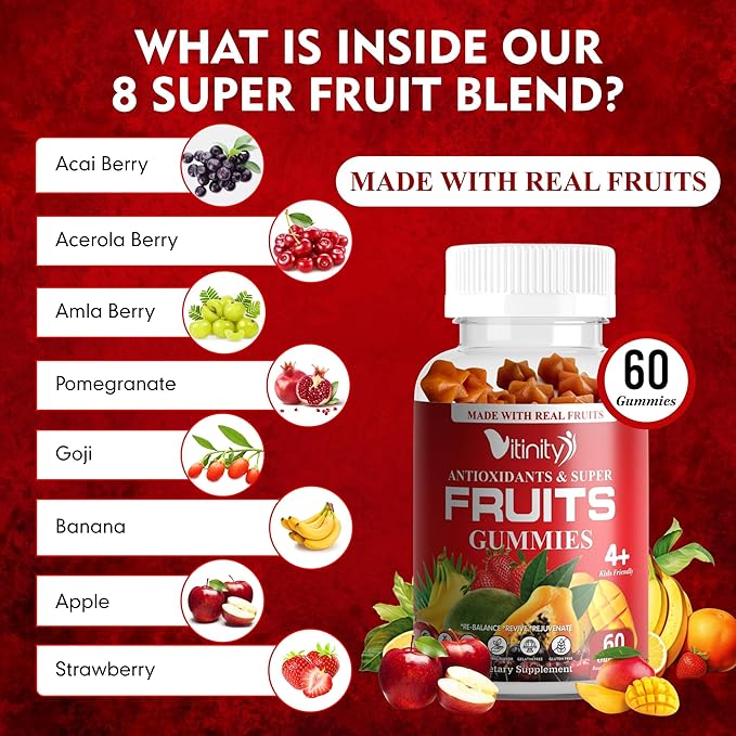 Made with Real Super Fruits Delicious Gummy Supplement,Men,Women & Kids(60 Chews),9 Superfruits,Fruit & Herbs,Superfruits Vitamins,Non-GMO,Pectin-Based,Gluten-Free,No More Pills-30 Day Supply