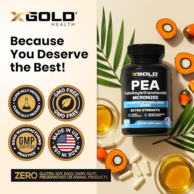 Palmitoylethanolamide Pea Supplement 600 mg | Micronized Pea 99% Highly Purified and Bioavailable | Made in USA | Supplement for Men and Women - 120 Capsules