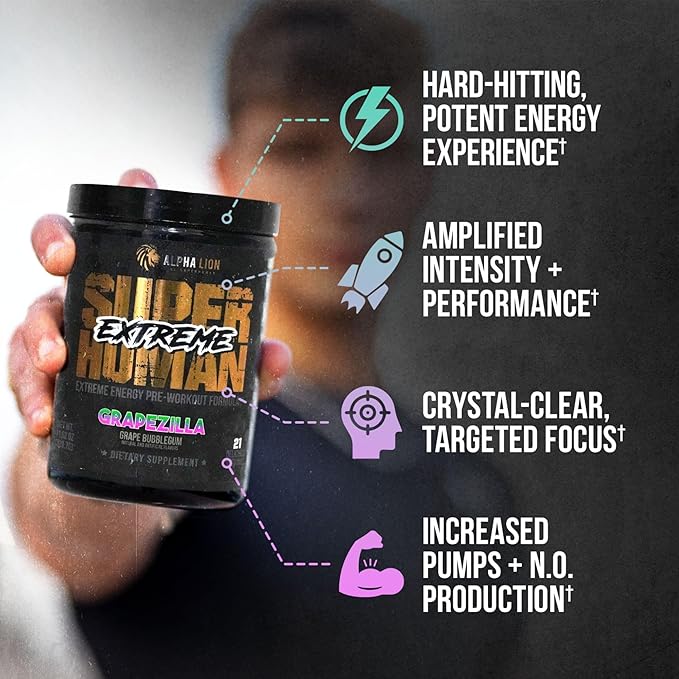 ALPHA LION Superhuman Extreme High Stim Pre Workout Powder, Beta Alanine, L-Taurine & 356mg Tri-Source Caffeine for Sustained Energy, Nitric Oxide & Citrulline for Pump (21 Servings, Grape Flavor)