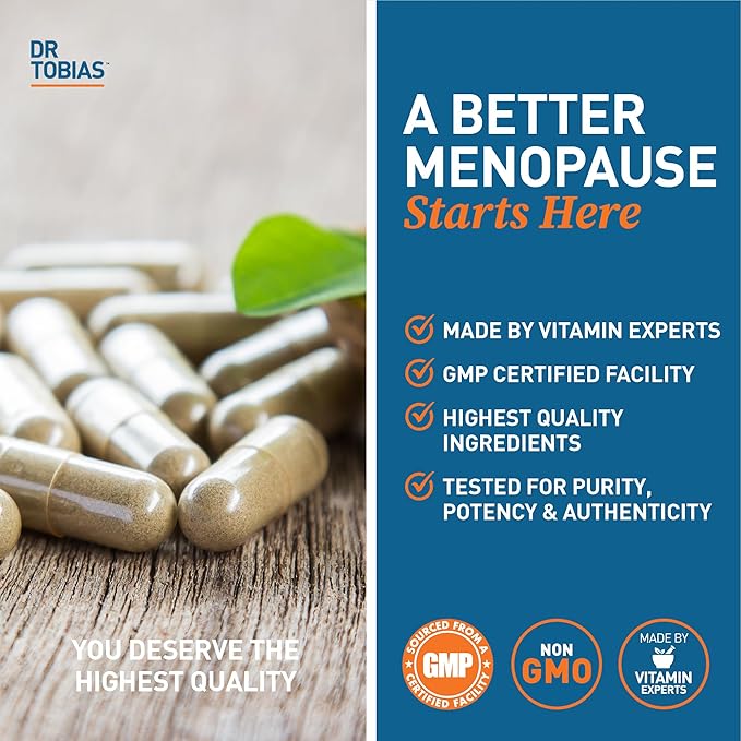 Dr. Tobias Menopause Relief with Black Cohosh, Soy Isoflavones, Don Quai, Hot Flash & Night Sweats Relief for Women, Non-GMO Menopause Supplements for Women, 60 Capsules, 30 Servings