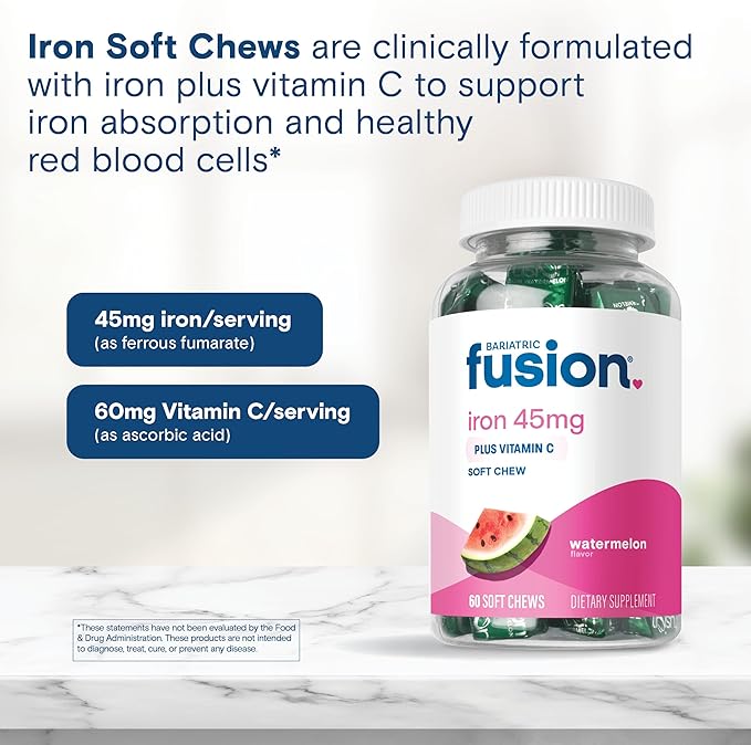 Bariatric Fusion Iron Supplement for Women Anemia | Chewable Iron with Vitamin C | Watermelon Flavored Soft Chew | Gentle on Stomach Ferrous Fumarate for Women and Men | Gluten Free | 60 Count