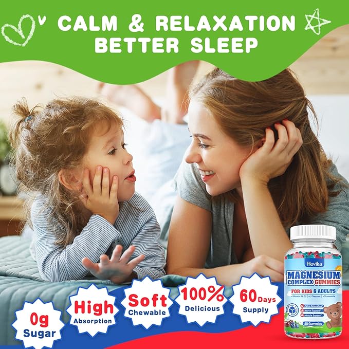 Kids Magnesium Gummies - Magnesium Glycinate Citrate Chewable Supplement with Vitamin B6, D3, Passion Flower, L-theanine - Sugar Free Calm Magnesium for Kids & Adults Sleep, Mood, Relaxation, 60 Chews