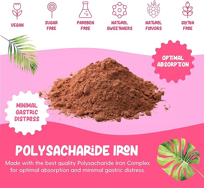 Iron Supplement for Women Iron Drops Daily Support, 20mg of Polysaccharide Iron Complex Iron Free Taste, Natural Sweeteners, Vegan and Paraben Free (Berry Daiquiri, 4 Fl Oz)