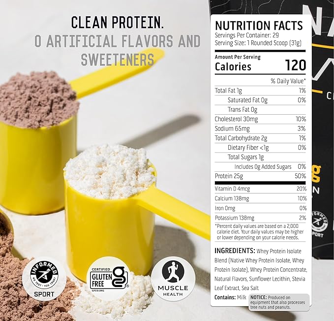 Ascent 100% Whey Protein Powder - Post Workout Whey Protein Isolate, Zero Artificial Flavors & Sweeteners, Gluten Free, 5.5g BCAA, 2.6g Leucine, Essential Amino Acids, Lemon Sorbet 1.7 lb