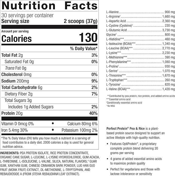 Metagenics Perfect Protein Pea & Rice - Featuring OptiProtein, a Balanced Combination of Proprietary Pea and Rice Protein with Added BCAAs - Vanilla Flavor - 30 Servings - 39.15 Oz
