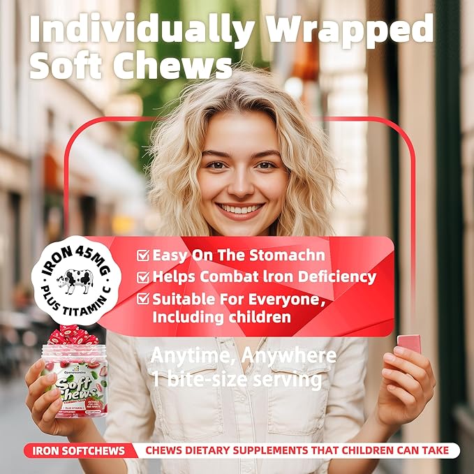 Iron Supplement Chews with Vitamin C for Women Men and Kids, Natural Vegan Iron Soft Chew with Vitamin B6,B12,D, Calcium & Zinc - Energy Support, 60 Strawberry SoftChews,2 Month Supply