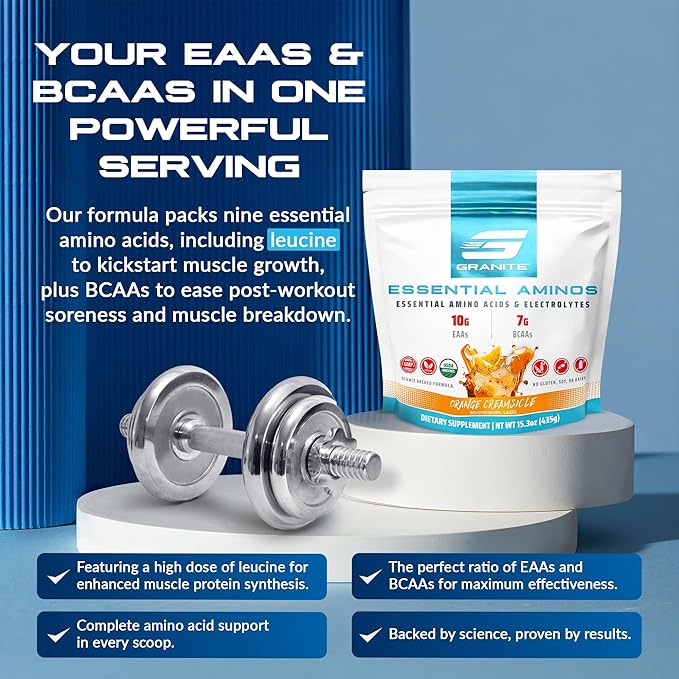 Granite Essential Amino Acids Powder for Muscle Recovery and Growth with 10g EAAs and 7g BCAAs - Soy-Free, Gluten-Free, 448g (30 Servings), Orange Creamsicle Flavor