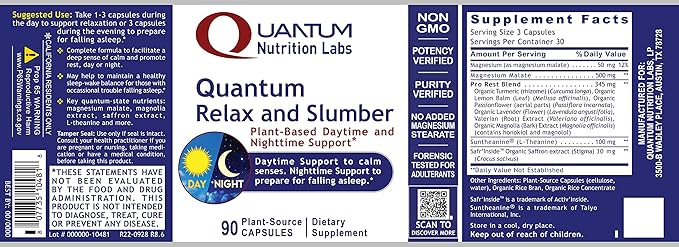 Quantum Nutrition Labs Quantum Relax and Slumber - Sleep Supplement with Magnesium Malate & L-Theanine, Natural Calm Complex with Lemon Balm & Valerian Root for Women & Men - 90 Capsules