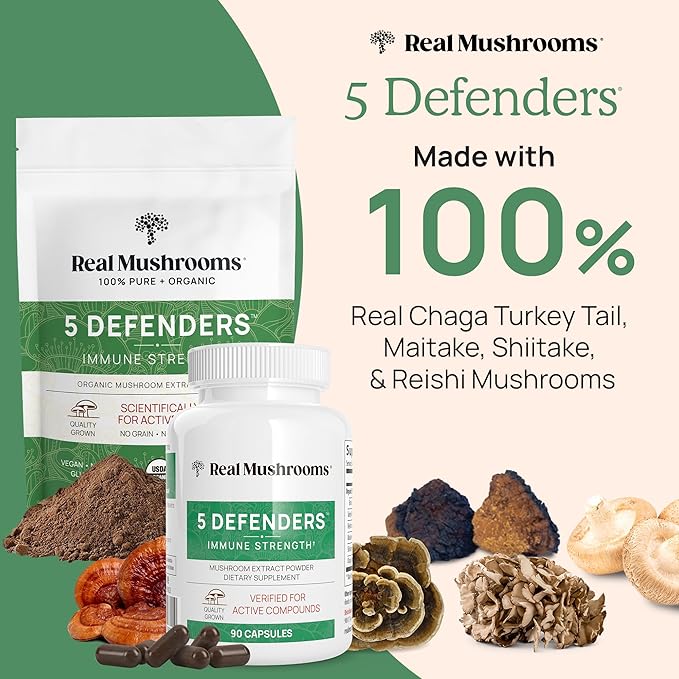 Real Mushrooms 5 Defenders Powder - Organic Mushroom Extract w/Chaga, Shiitake, Maitake, Turkey Tail, Reishi Supplement Vegan, Non-GMO, 45 Servings