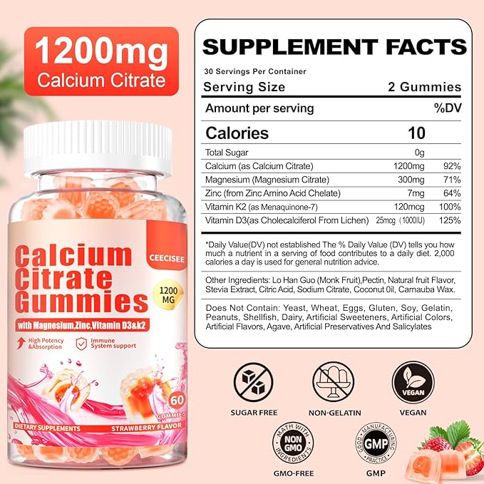 Calcium Citrate Gummies 1200mg for Adults: Ultimate Absorption Calcium Magnesium D3 K2 Supplement for Women & Men - Supports B0ne Strength, Immune(60Count)